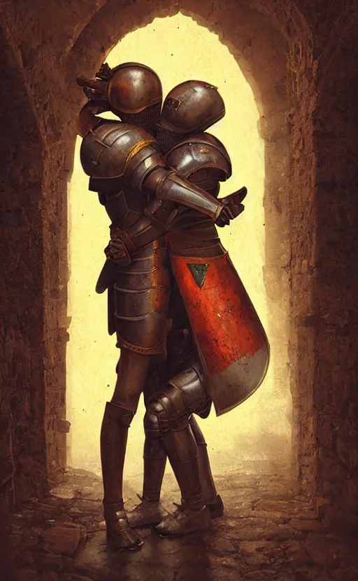 Image similar to digital painting of two medieval knights hugging each other in dispair while the universe is exploding, in a medieval village, stunning, surreal, cinematic lighting, concept art by greg rutkowski and simon stalenhag