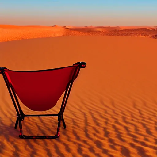 Prompt: a red camping chair in the middle of the sahara desert