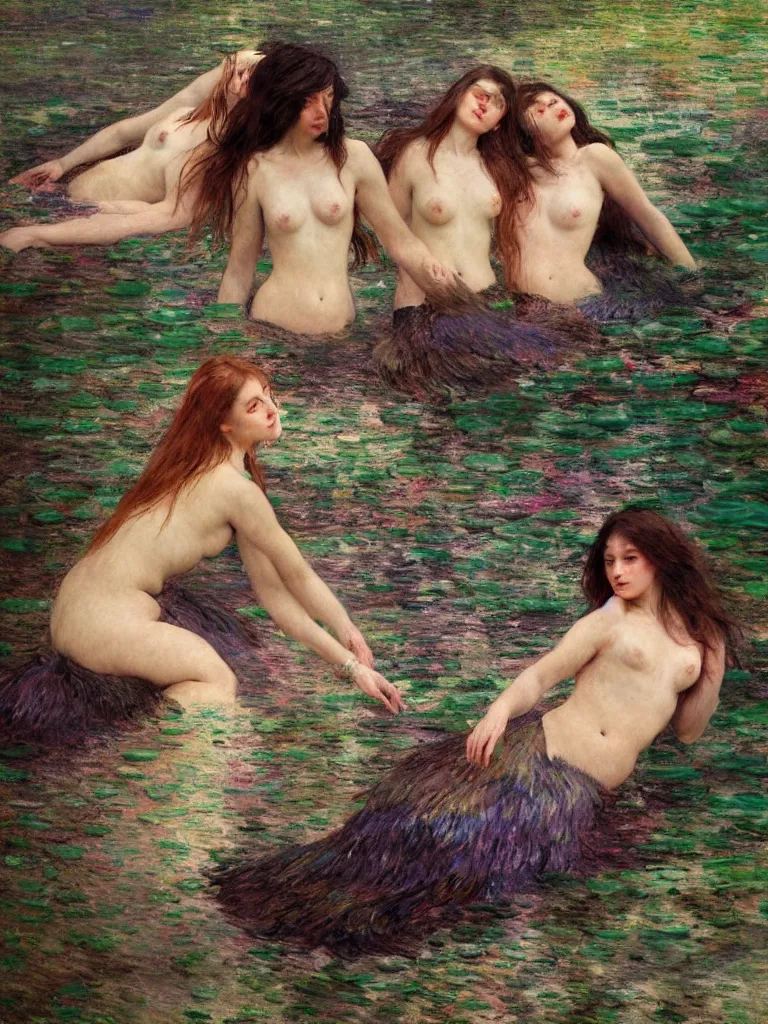 Image similar to illustration studio portrait of three dark beautiful woman bodies mermaids female energy in artistic poses in the river at the forest, monet painterly motives and textures pattern, hyper detailed, octane render, vivid colors, artstation, by jeremy mann, by alphonse mucha, by monet