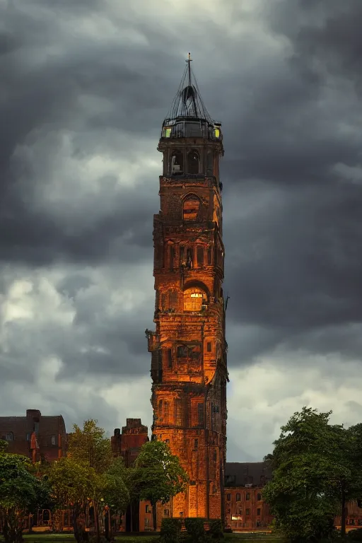 Prompt: view of the old tower and its gardens after a storm, tall windows lit up, beautiful ornamental architecture, dramatic cinematic lighting, rich colors, by Caspar David Friedrich and Diego Rivera, smooth, sharp focus, extremely detailed, featured on artstation