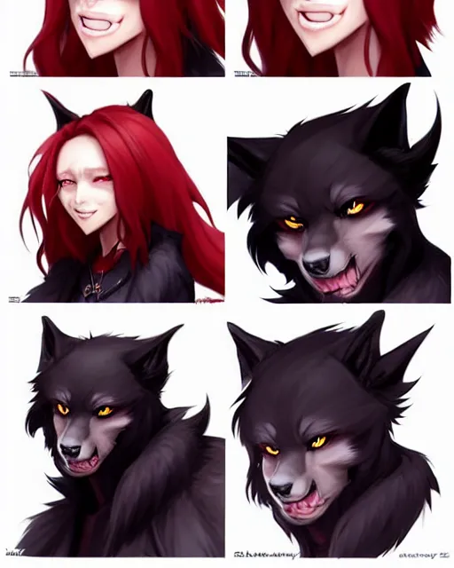 Image similar to character concept art of a black anthropomorphic furry male wolf with long red hair | | cute - fine - face, pretty face, key visual, realistic shaded perfect face, fine details by stanley artgerm lau, wlop, rossdraws, james jean, andrei riabovitchev, marc simonetti, and sakimichan, artstation