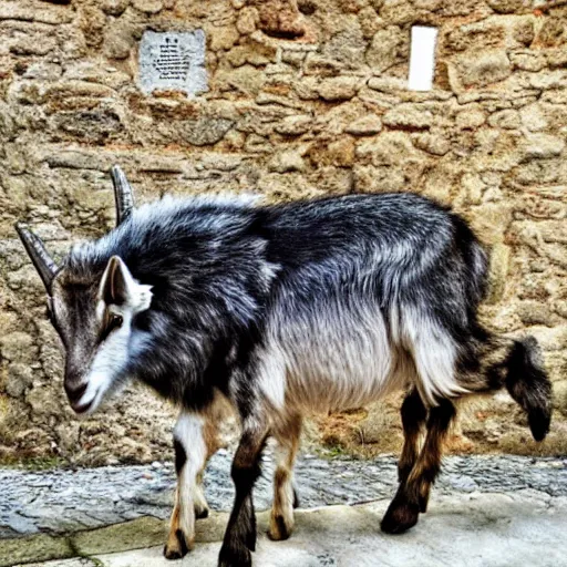 Image similar to hyperrealistic photo of a goat wolf hybrid beast in the square of a small medieval village