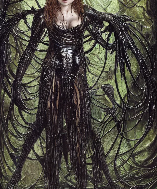 Prompt: a portrait photograph of a wet sadie sink as a strong alien harpy queen with amphibian skin. she is dressed in a black lace shiny metal slimy organic membrane catsuit and transforming into a insectoid snake bird. by donato giancola, walton ford, ernst haeckel, peter mohrbacher, hr giger. 8 k, cgsociety, fashion editorial