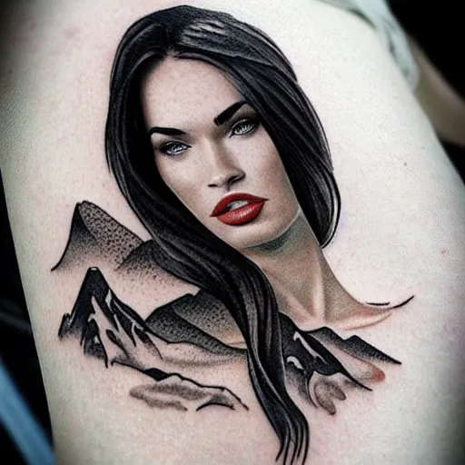 Prompt: megan fox as beautiful mountains, double exposure effect, medium sized tattoo sketch, amazing detail, trending on pinterest, in the style of alexey poprotskiy