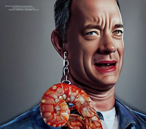 Image similar to Tom hanks as forrest gump wearing a necklace made out of shrimps around the neck, realistic face, digital art, in the style of Daniel Conway, amazing detail, artstation, long shot