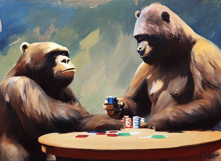 Image similar to gorrila with a bear, playing poker, bear!!, highly detailed beautiful, by gregory manchess, james gurney, james jean