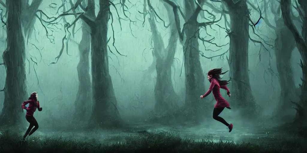 Image similar to an environmental concept art of a scared woman running in a haunted forest, rainy, highly detailed, cinematic, dramatic lighting by francis tneh