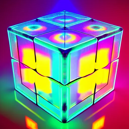Image similar to a steampunk cube inside a hypercube consisting of fractals shiny luminescence neocube nanostructure neon colorful detalized lines, background mirror lake in magical colorful fog, octane render, hyper realistic, ultra realistic