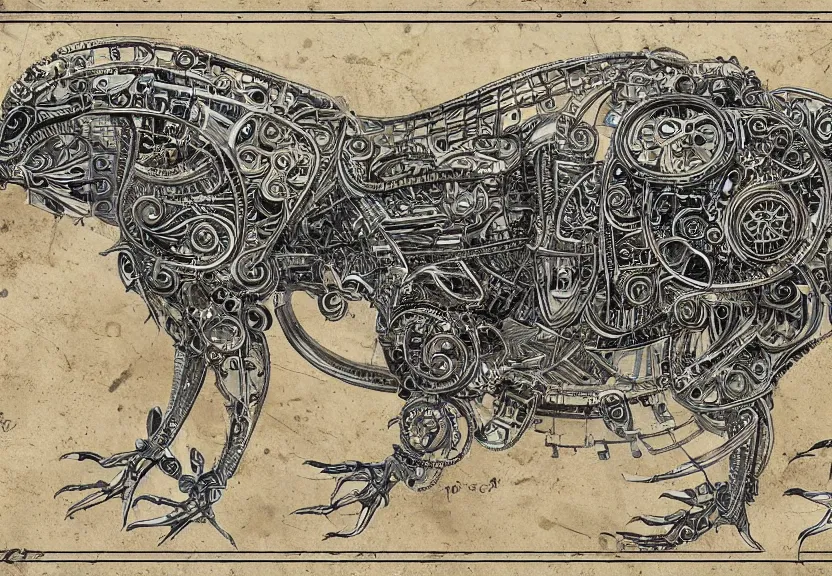 Image similar to spacious schematic blueprint of highly detailed ornate filigreed convoluted ornamented elaborate cybernetic rat, full body, character design, inside frame, art by da vinci