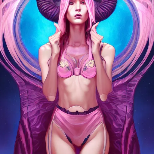 Image similar to portrait of beautiful symmetrical anime alien woman, pink hair, attractive, casual, modern, victoria's secret, highly detailed, digital painting, artstation, concept art, smooth, sharp focus, illustration, art by artgerm, greg rutkowski and alphonse mucha, 8 k,