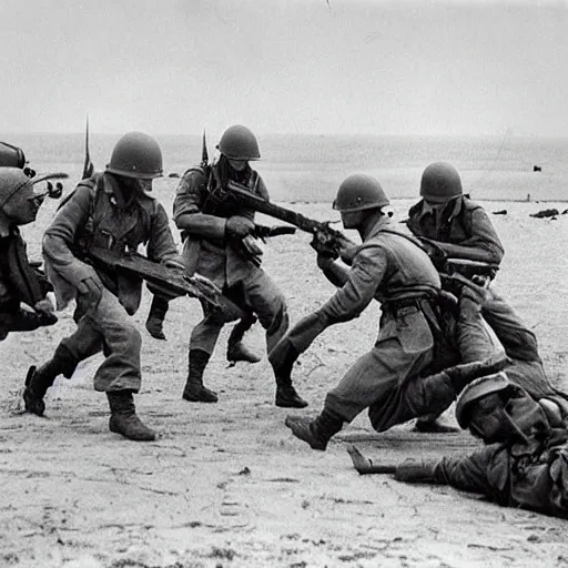 Prompt: ww 2 realistic photo dday, battle on the beach, blood