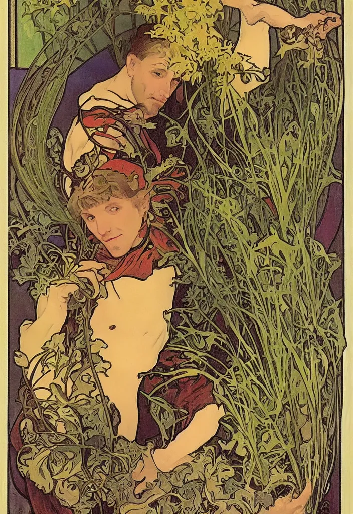 Prompt: Ian Goodfellow as the Fool on a tarot card, tarot in art style by Alphonse Mucha