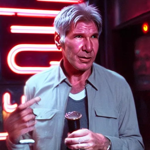 Prompt: harrison ford as deckard from bladerunner doing standup comedy in a cyberpunk bar