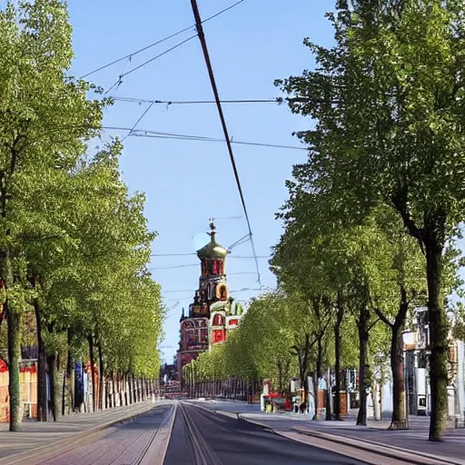 Image similar to Saint-Petersburg main street has trees and tram but without any car