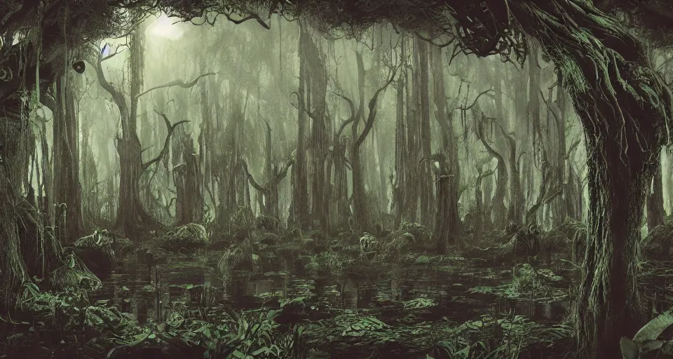 Image similar to A dense and dark enchanted forest with a swamp, from Cryptid Academia