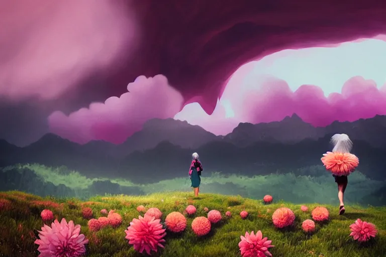 Image similar to giant dahlia flower on the head, girl walking on mountain, surreal photography, pink storm clouds, dramatic light, impressionist painting, digital painting, artstation, simon stalenhag