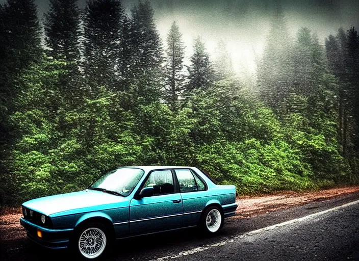 Prompt: “Illuminati in the mist of the forest, matter painting, mystical” !dream “BMW e30 driving through an underwater city, photo taken from a long shot, matter painting, iridescent small fish” H 896