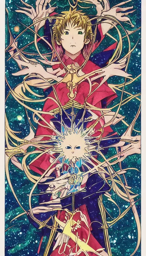 Prompt: anime tarot card based on the card Judgement, drawn by hideaki anno, beautiful lines, cosmic, psychedelic, detailed, clean