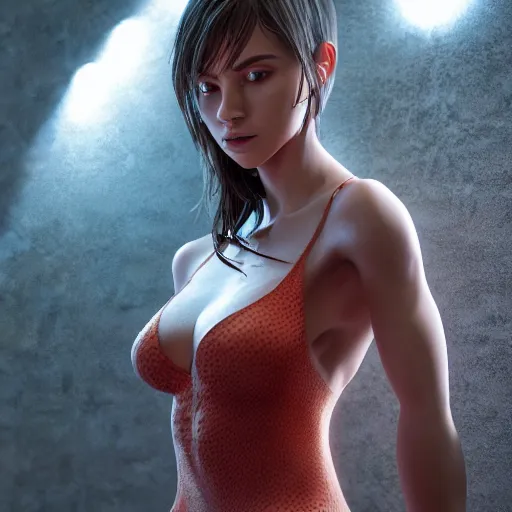 Image similar to full body pose, hyperrealistic photograph of stunning woman, dim volumetric lighting, 8 k, octane beautifully detailed render, extremely hyper detailed, intricate, epic composition, cinematic lighting, masterpiece, trending on artstation, very very detailed, stunning, hdr, smooth, sharp focus, high resolution, award, winning photo, dslr, 5 0 mm