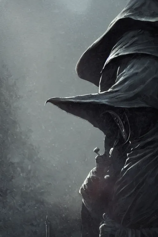 Image similar to A closeup of a Plague Doctor by Greg Rutkowski, Dan Mumford, Christophe Vacher, Bloodborne, 4k photorealistic, volumetric lighting, HD, high details, dramatic, dark atmosphere, trending on artstation