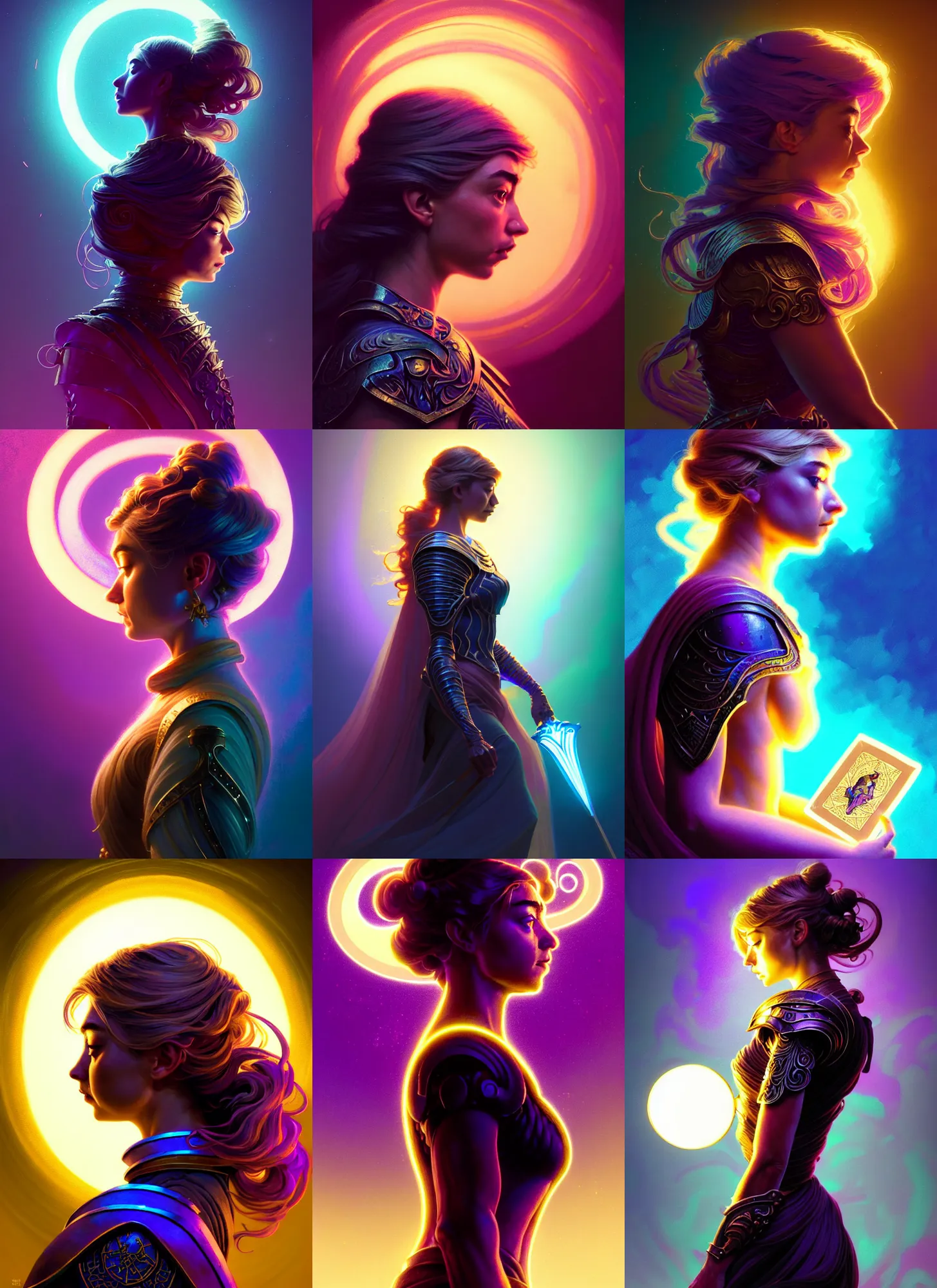 Prompt: side portrait, imogen poots paladin, gloomhaven, soft, smooth, luminescent, art nouveau tarot, backlit glow, colorful swirly ripples, gaudy colors, aesthetic octane render, unreal engine, 8 k, by greg rutkowski!!, jesper ejsing, rhads, ilya kuvshinov, cushart krenz