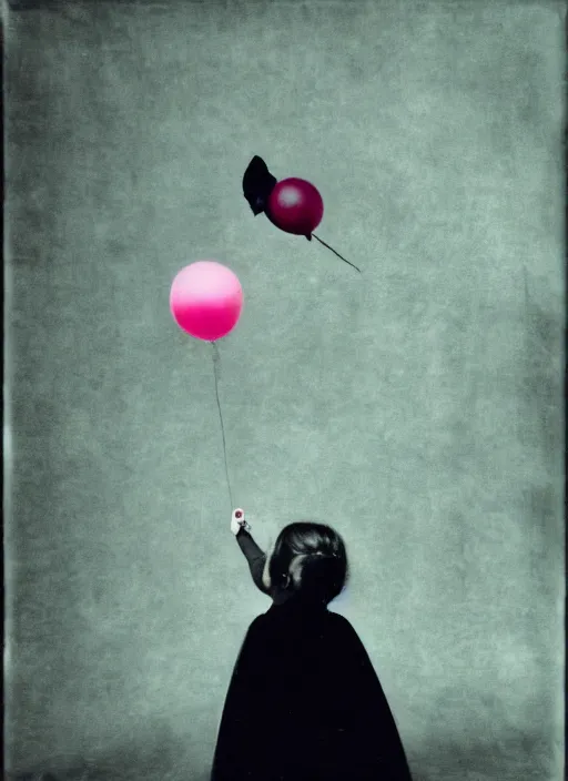 Image similar to little girl looks at a balloon that flies away, fine art portrait photography by Sarah Moon