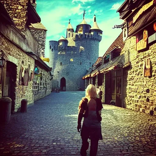 Image similar to “out for a walk in the castle marketplace. Epic high fantasy setting. Surreal lighting and depth”