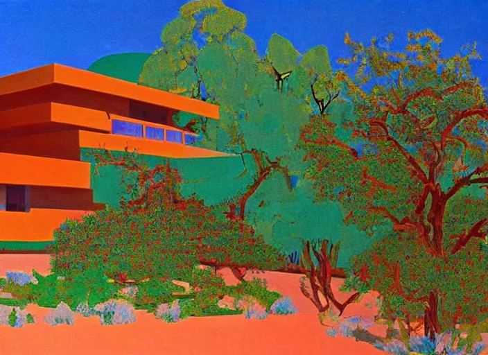 Prompt: painting of a frank lloyd wright house in the california desert by david hockney