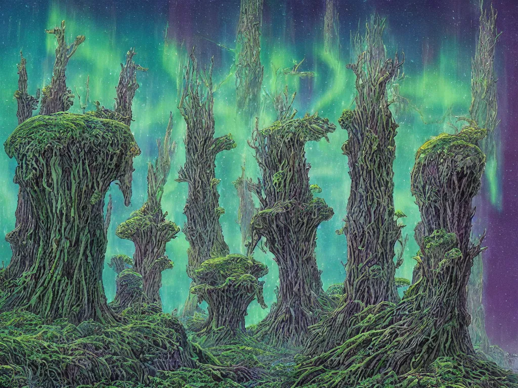 Image similar to an epic concept art, intricate coral, fungal gems, iridescent crystal monoliths, obelisks and an aurora borealis, mossy stumps, cell shading, by moebius, hiroshi yoshida, druillet, colorful, vivid colors