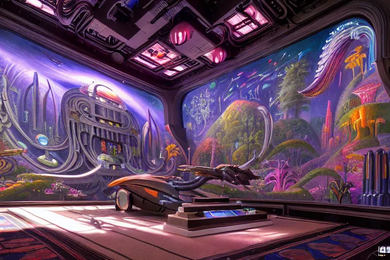 Prompt: a beautiful painting of an elaborate utopian sci - fi scene painted by hr giger and bosch and lisa frank, mural in a fancy house, detailed, unreal engine, 4 k octane render, raytracing, volumetric lighting, epic, shadows, reflections, massive structures