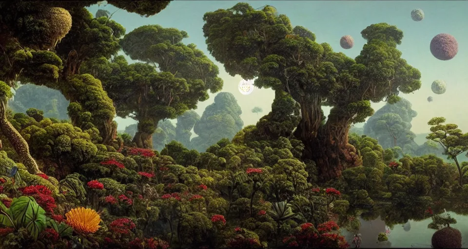 Prompt: a landscape on the moon with many craters, a beautiful flowering garden, a big strange beast, a lot of exotic vegetations and trees, intricate detaild, 8 k, in the style of martin johnson heade and roger dean