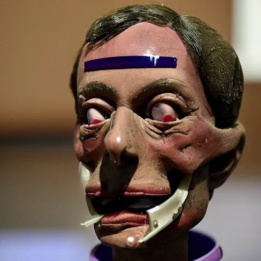 Prompt: Nigel Farage as a ventroquial dummy, hinged jaw, wires, lacquered, glossy, (cracked) varnish, ((photo))