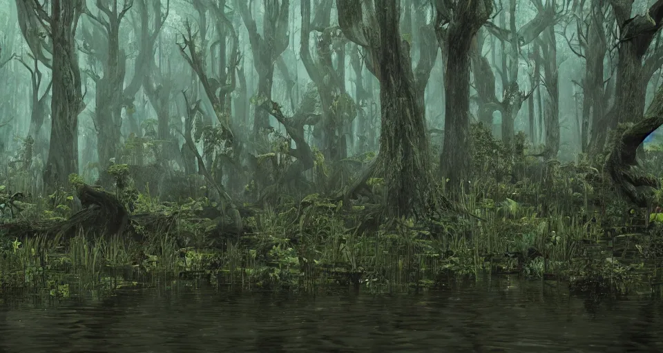 Image similar to A dense and dark enchanted forest with a swamp, from Final fantasy