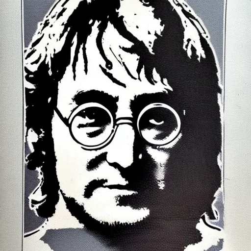 Prompt: individual john lennon silk screen portrait banksy style