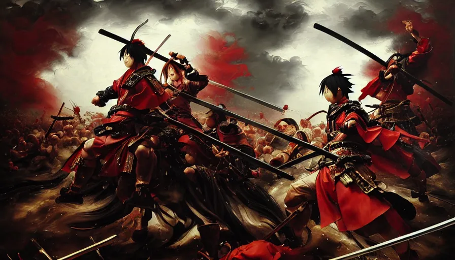 Image similar to baroque oil painting of key visual great samurai war, many warriors, rain, romantic, storm, final fantasy, akira kurosawa, fake detail, trending pixiv fanbox, acrylic palette knife, style of makoto shinkai takashi takeuchi yoshiyuki sadamoto greg rutkowski chiho aoshima, artstation, manga