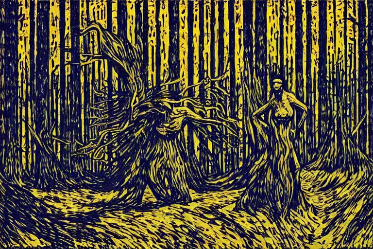 Image similar to spirit forest, by dan mumford and by alberto giacometti, peter lindbergh, malevich, william stout