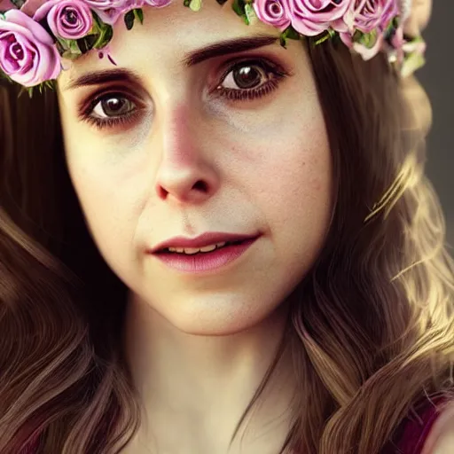 Image similar to intricate highly detailed face portrait of alison brie, flower crown on her head, intricate, cgsociety, unreal engine, octane render, sharp focus, smooth, volumetric lighting, cinematic composition, artstation