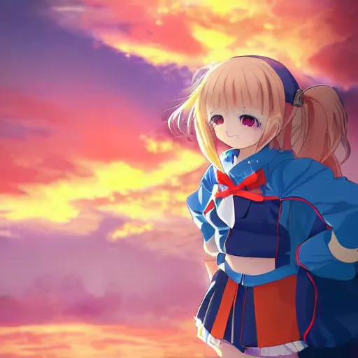 Prompt: Pixiv, Anime Key Visual, cute anime loli with blond hair and cute pigtails, wearing blue coat with a hood and black shorts, jumping from the tallest building of a modern city. She does a superhero pose. Cinematic scene of an HDR sunset, faint orange light. Amazing piece Trending on Artstation