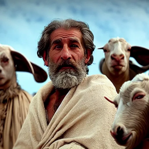 Image similar to Cinematic still portrait of ugly Mediterranean skinned man dressed in Biblical Shepherd Clothing with a flock of goats, Biblical epic film dramatic angles, directed by Steven Spielberg