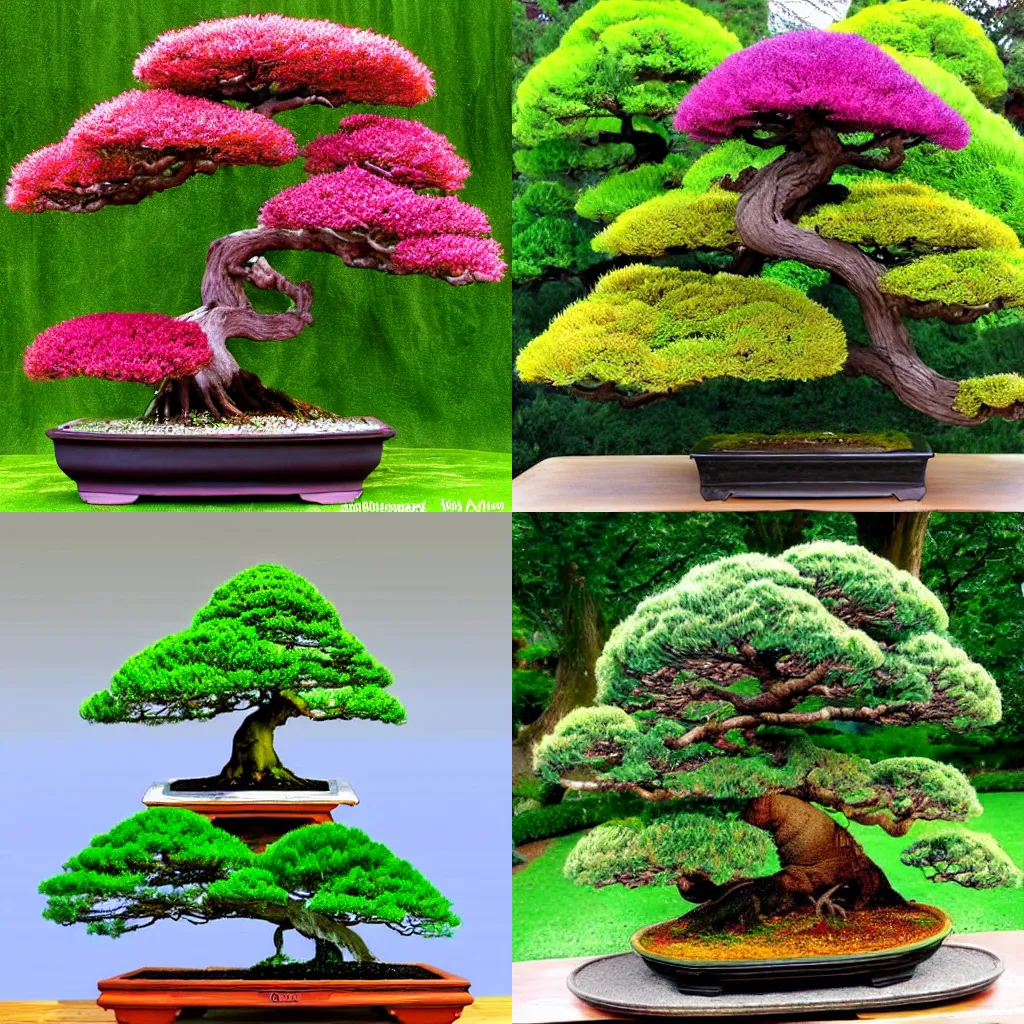 Prompt: colorful bonsai trees in the style of arthur hughes