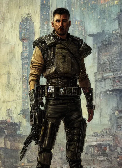 Image similar to gengis khan. cyberpunk police trooper in a military vest ( blade runner 2 0 4 9, cyberpunk 2 0 7 7 ). orientalist portrait by john william waterhouse and james gurney and theodore ralli and nasreddine dinet, oil on canvas. cinematic, hyper realism, realistic proportions, dramatic lighting, high detail 4 k