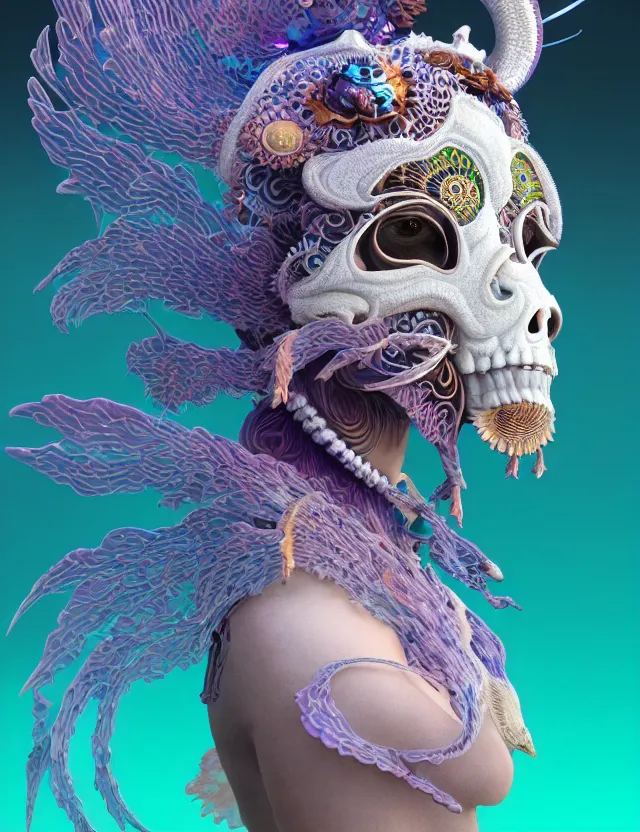 Prompt: 3 d goddess close - up profile solarpunk portrait ram skull. beautiful intricately detailed japanese crow kitsune mask and clasical japanese kimono. betta fish, jellyfish phoenix, fractal flame, bio luminescent, plasma, ice, water, wind, creature, artwork by tooth wu and wlop and beeple and greg rutkowski