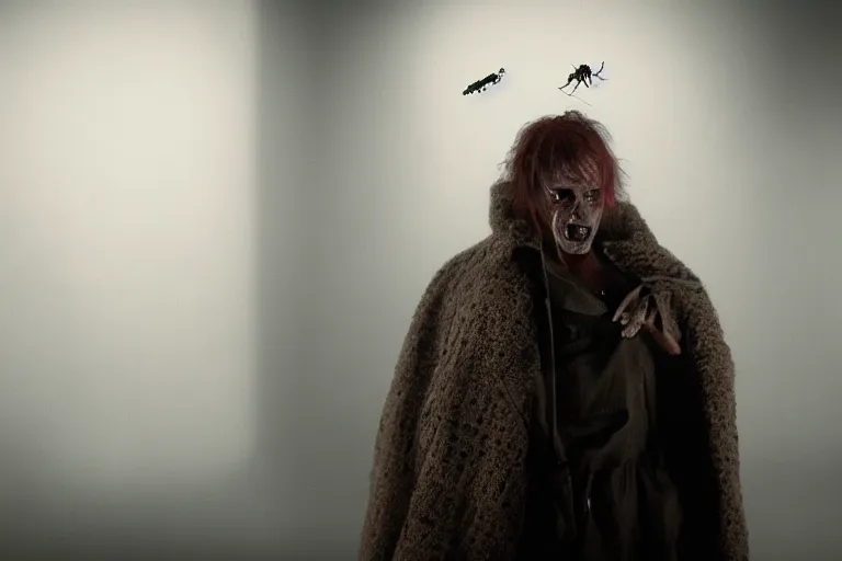 Image similar to a cinematic portrait of mutant insect serial killer dressed in human skin, in a backroom, fog storm, annie leibovitz and zack snyder, 8 k, hd, high resolution, 8 5 mm, f / 1. 8