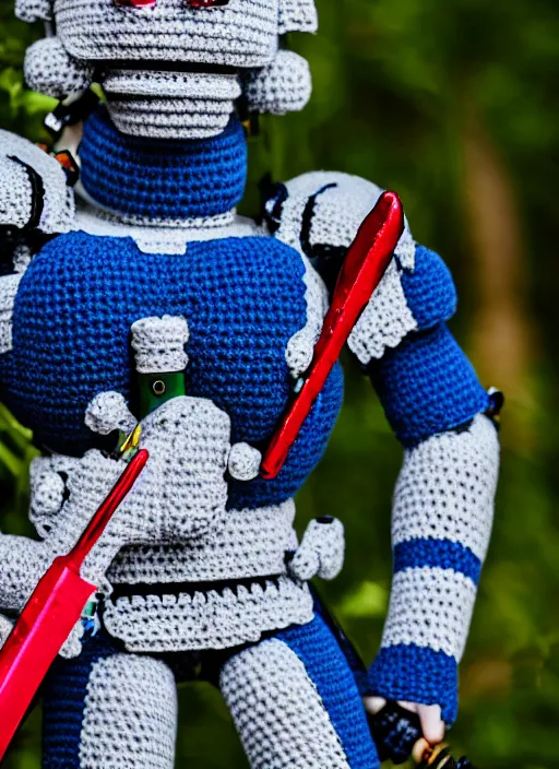 Image similar to a crochet mecha, holding a sword, realistic, no cropping, full body, Sigma 50 mm f/1.4