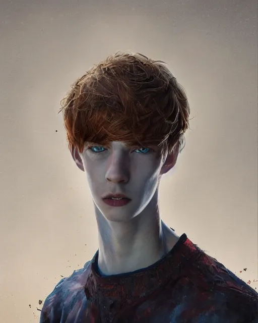 Image similar to portrait of tall, thin, 1 5 - year - old boy with a long nose, a lot of freckles, fiery red hair, and bright blue eyes, hyper realistic face, beautiful eyes, fantasy art, in the style of greg rutkowski, intricate, hyper detailed, smooth