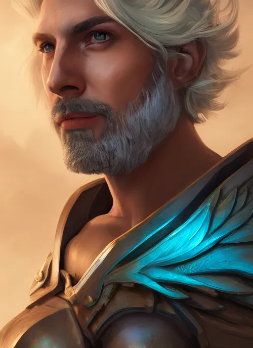 Image similar to comic book style portrait painting of an aasimar paladin, male, big angel wings on back, silver hair, short brown beard, d & d concept art, unreal 5, daz, teal aesthetic, octane render, cosplay, rpg portrait, dynamic lighting