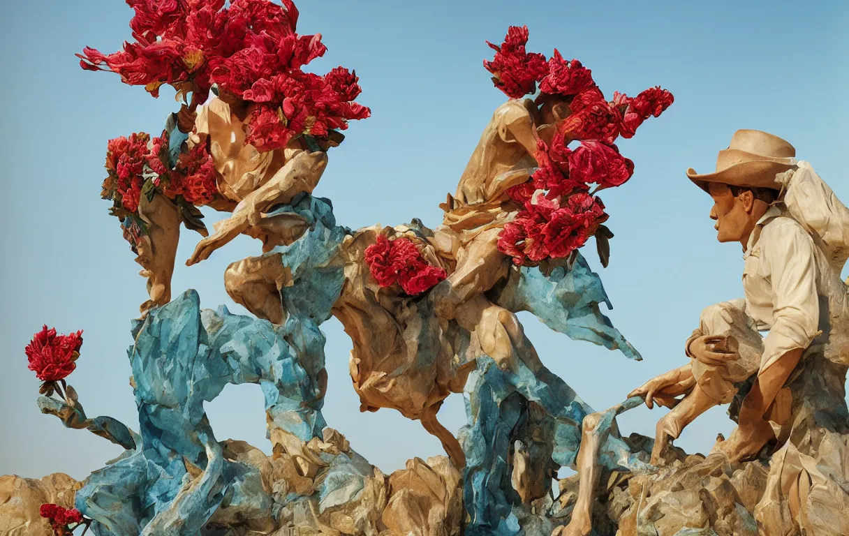 Image similar to a cowboy turning into blooms by slim aarons, by zhang kechun, by lynda benglis. tropical sea slugs, angular sharp tractor tires. complementary colors. warm soft volumetric dramatic light. national geographic. 8 k, rendered in octane, smooth gradients. sculpture by antonio canova. red accents.