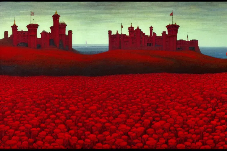 Image similar to only with red, red flowers of different types, red castle in background, red medieval goblins, in the style of beksinski, parts by edward hopper, parts by rodcenko, parts by yue minjun, intricate and epic composition, red by caravaggio, insanely quality, highly detailed, masterpiece, red light, artstation, 4 k