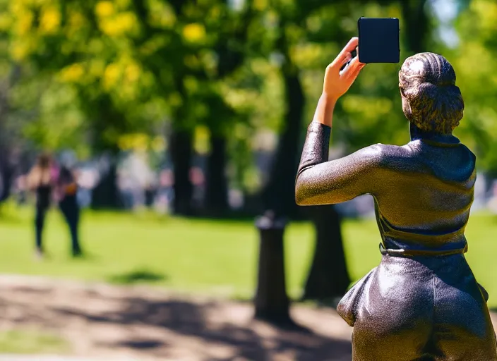 Image similar to photo still of a bronze statue of a woman using an iphone to take a selfie in a park on a bright sunny day, 8 k 8 5 mm f 1 6