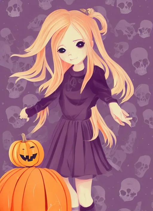 Image similar to little girl with long blonde hair holding a pumpkin. background is skulls. clean cel shaded vector art. shutterstock. behance hd by lois van baarle, artgerm, helen huang, by makoto shinkai and ilya kuvshinov, rossdraws, illustration, art by ilya kuvshinov